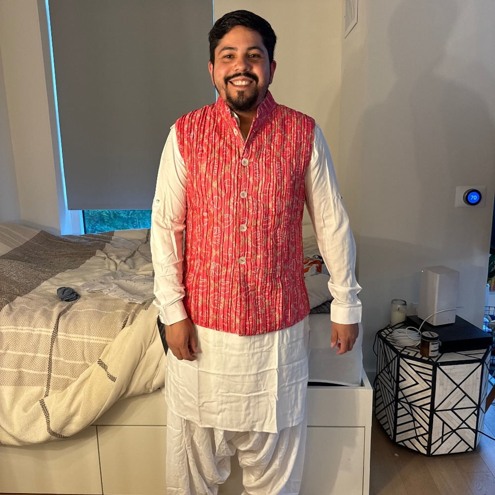 Persian Pink Jacket Kurta Set In Tussar Silk With Bandhani